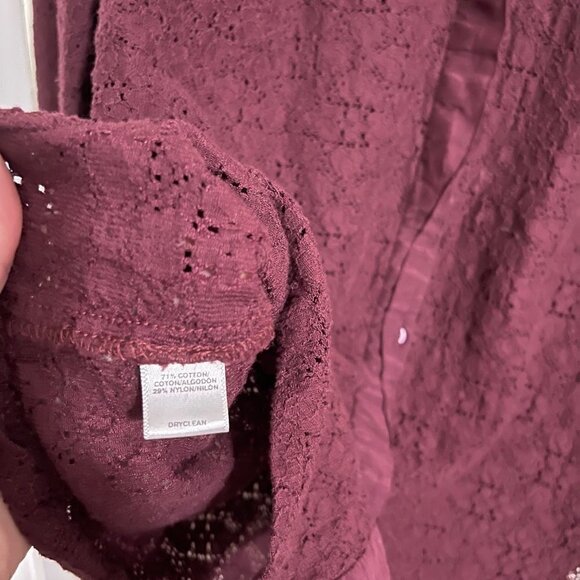 LOFT Womens Burgundy Red Long Sleeve Lace Semi Sheer Button Up Blouse Size Large - Picture 6 of 7